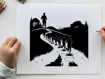 Silhouette of a lone runner leading a group on a path