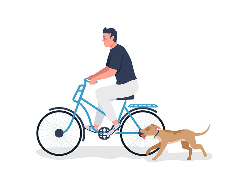 Man riding on bicycle with dog running flat color vector detailed character