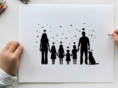 Silhouette of a loving family with children and dog surrounded by hearts