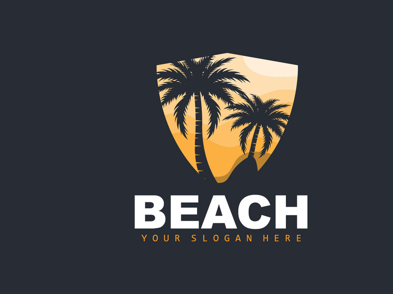 Coconut Tree Logo With Beach Atmosphere, Beach Plant Vector, Sunset View Design