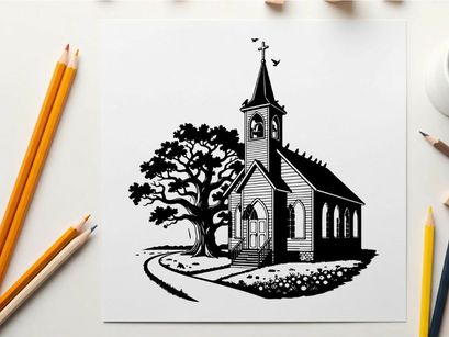 Silhouette of a small church with steeple and tree