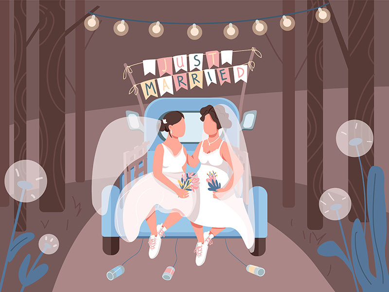 Just married lesbian couple in car flat color vector illustration
