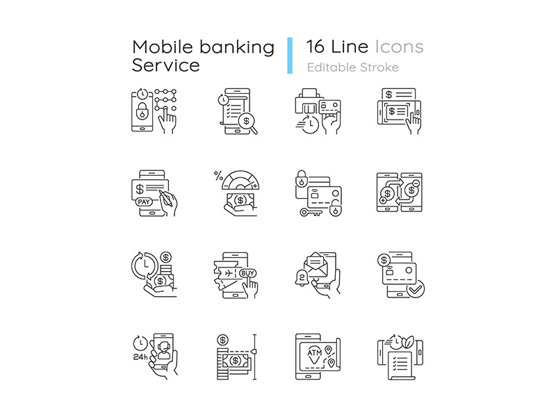 Mobile banking service linear icons set