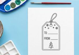 Schwarz-weißes Weihnachtsgeschenk-Etikett mit Baum- und Schneeflocken-Symbolen