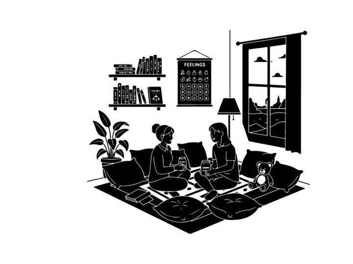 Couple and dog in living room with silhouette
