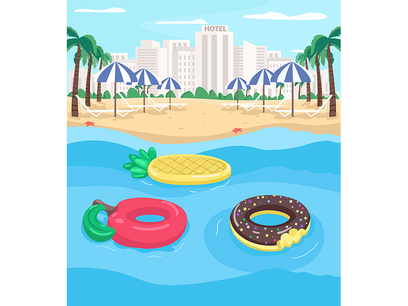 Seaside resort and pool floats flat color vector illustration