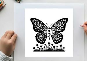 Silhouette of a butterfly with floral patterns and grass