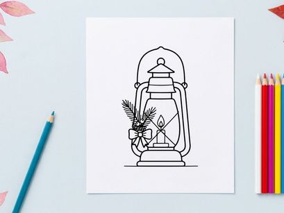 Ilustrasi seni garis lentera Natal dengan cabang-cabang pinus dan hiasan pita meriah