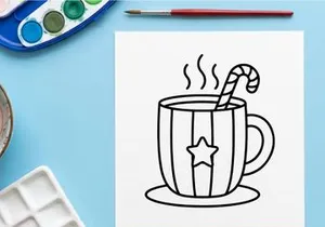Taza de café navideña con decoración de vapor y estrella en celebración matutina festiva