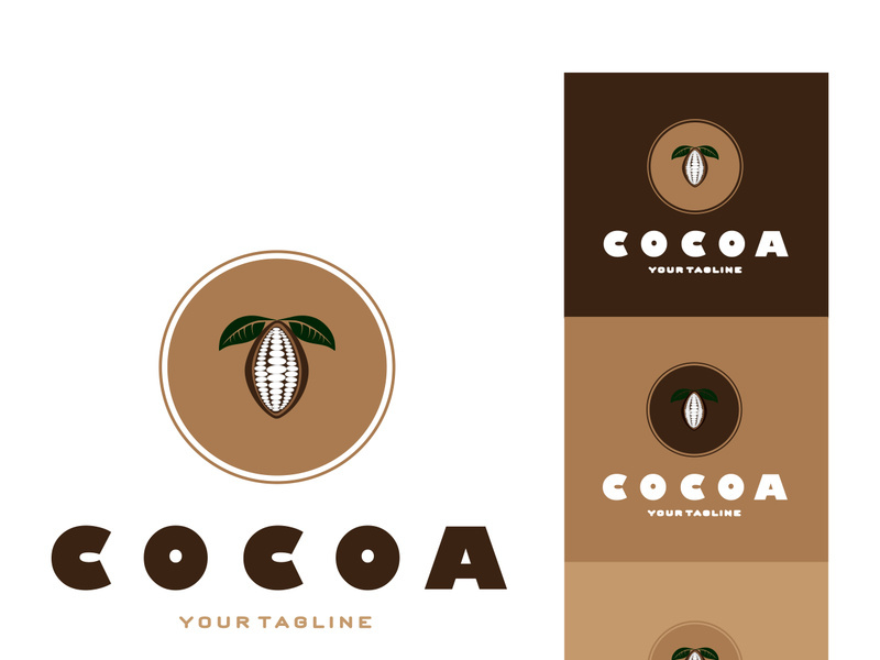cocoa logo,cocoa bean,cocoa tree,cocoa branches and leaves,chocolate mix on white background,vintage,modern,simple,minimalist icon illustration template design vector