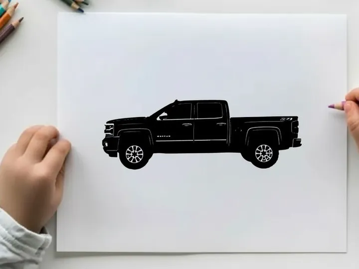 Silhouette of a black pickup truck with a long bed and four doors