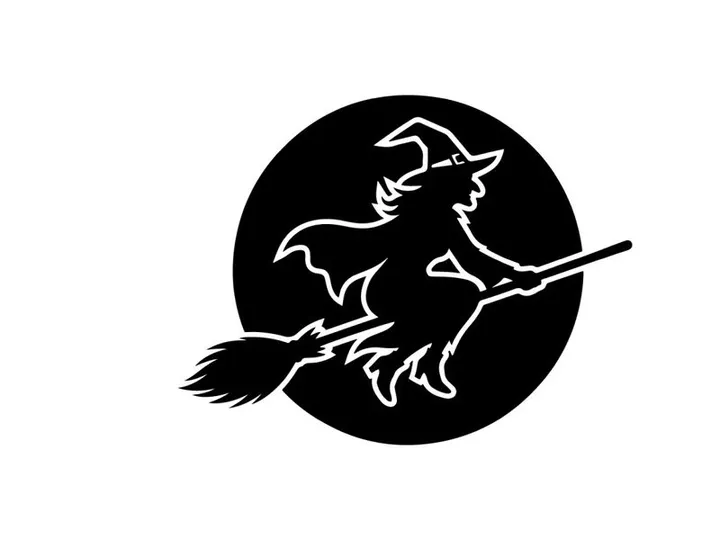 Stylized witch riding broomstick with moon silhouette for Halloween