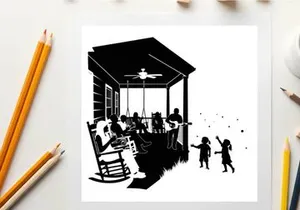 Silhouette of family on a porch with children playing