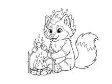 Cute cartoon cat roasting marshmallows campfire vector illustration