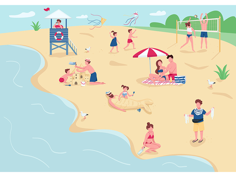 Recreation on sand beach flat color vector illustration