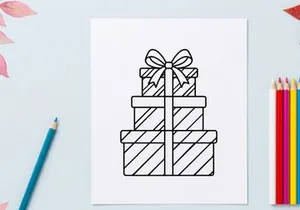 Hand-drawn Christmas gift boxes with ribbon and bow for festive holiday celebrations and decor