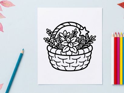 Hand-drawn Halloween basket with white flowers and stars. Vintage wicker trick-or-treat container filled with spooky floral decorations.
