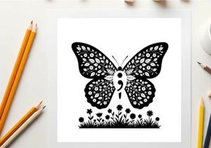 Silhouette of a butterfly with floral patterns and grass