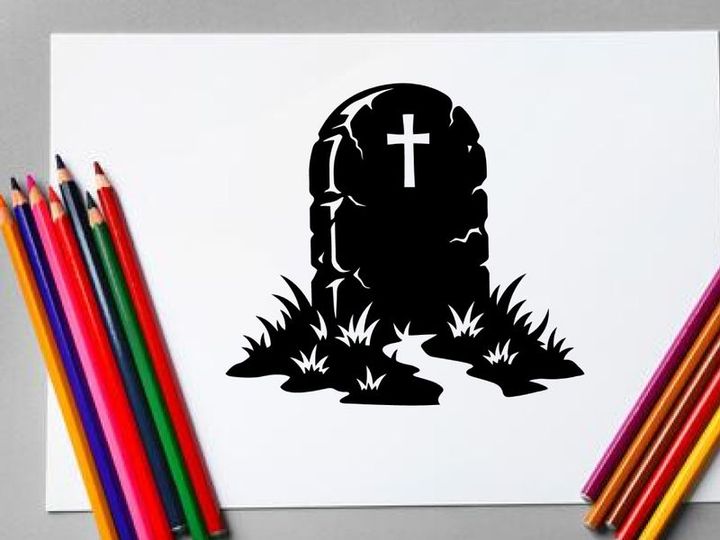 Silhueta de uma lápide com uma cruz e grama em preto e branco