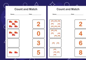 10 Pages Count and match with the correct number. Matching education game. Count how many items and choose the correct number