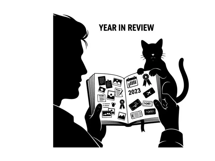 Silhouette of a person and cat reading a year in review calendar