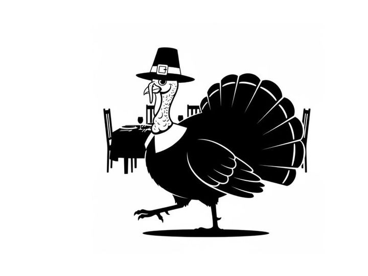 Silhouette of a pilgrim turkey in a hat walking to a table