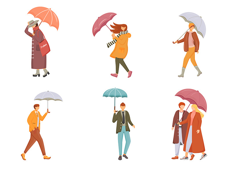 Walking people with umbrellas flat color vector faceless characters set