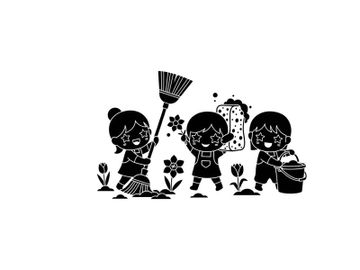 Three children gardening with tools in silhouette preview picture