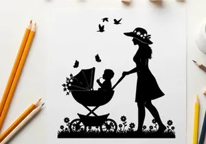 Silhouette of woman pushing baby stroller in garden with flowers