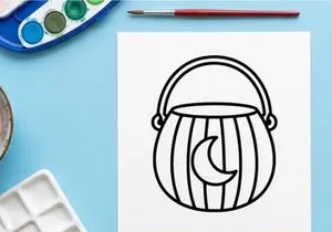 Halloween candy bucket icon. Trick or treat pail with moon symbol for holiday design.