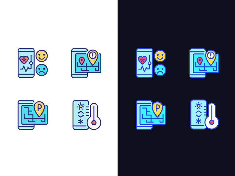 Mobile applications pixel perfect light and dark theme color icons set