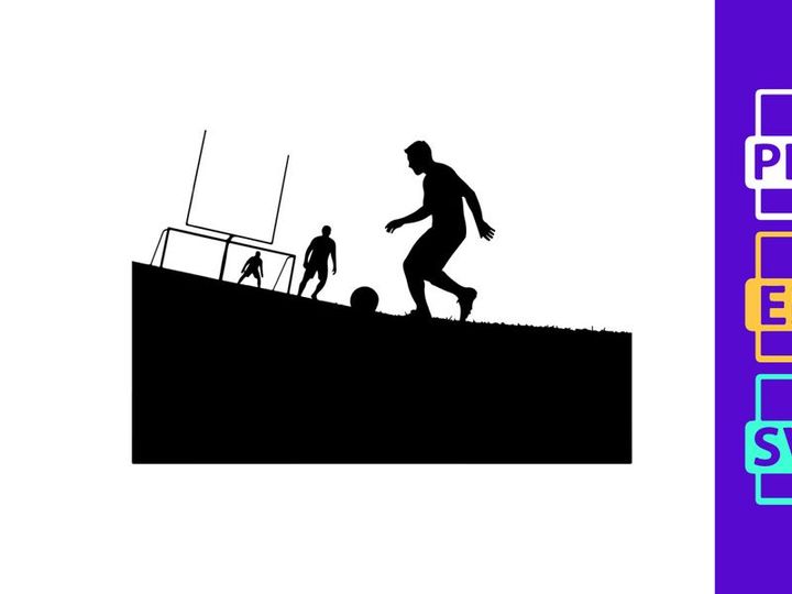 Silhouette of soccer players in action on a field with goalpost