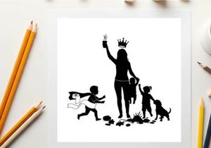Silhouette of a woman and children playing outside with a dog