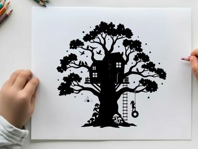 Whimsical treehouse silhouette with ladder and playful details