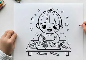 Cute child drawing with crayons vector illustration flat design