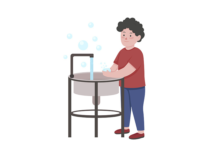 Little boy washing hands with soap with semi flat color vector character