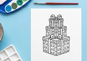 Hand-drawn Christmas gift box stack with ribbons and bows for festive holiday celebration