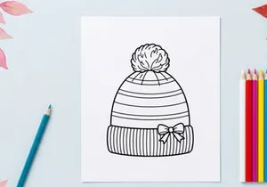 Hand-drawn striped winter knit beanie with snowflake bow for festive holiday gift wrapping