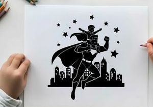 Superman silhouette flying over cityscape at night with stars
