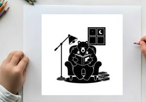 A silhouette of a bear reading a book in a cozy room at night silhouette