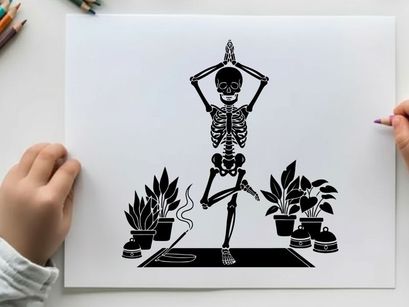 Silhouette of a skeleton in yoga pose with plants