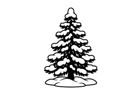 Black and white Christmas tree illustration with snow, winter holiday vector icon.