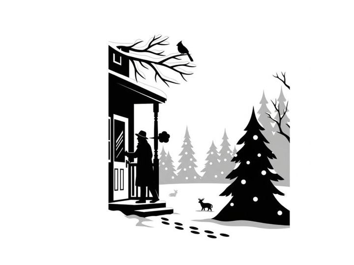 Winter scene silhouette with christmas tree and person on porch
