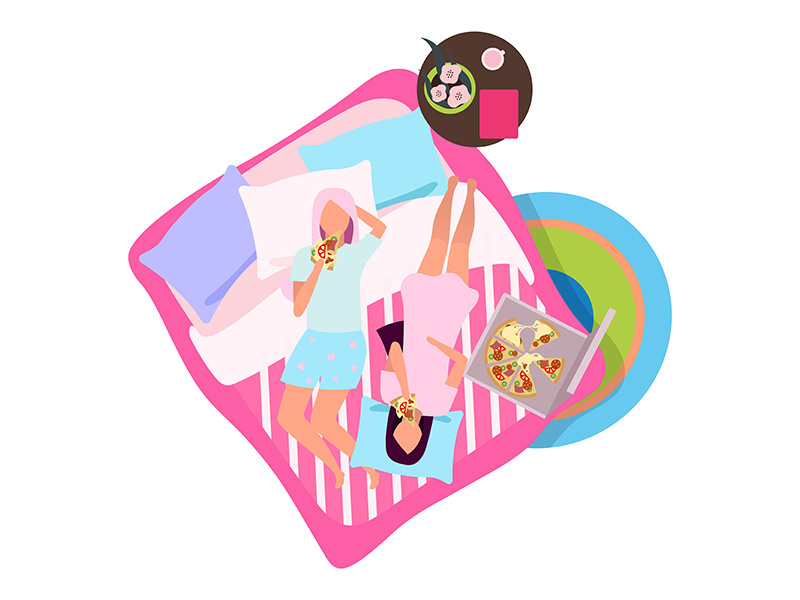 Sleepover party with pizza flat illustration