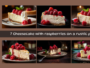 Cheesecake with raspberries on a rustic plate preview picture
