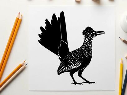 Silhouette of a roadrunner in mid stride with wings spread wide