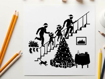 Holiday silhouette of family rushing downstairs on christmas morning