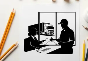 Businessman and delivery man in silhouette discussing documents by window with truck outside