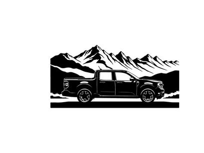 Silhouette of a pickup truck in front of a mountain range silhouette