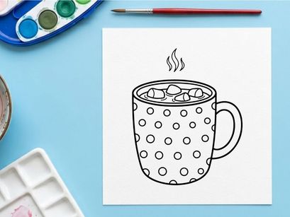 Polka Dot Mug with Hot Cocoa and Marshmallows Line Art